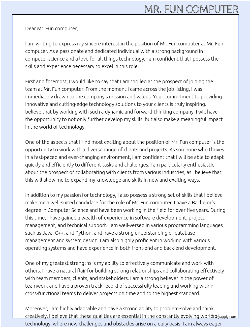 Mr. fun computer At Mr.fun computer.  Cover Letter