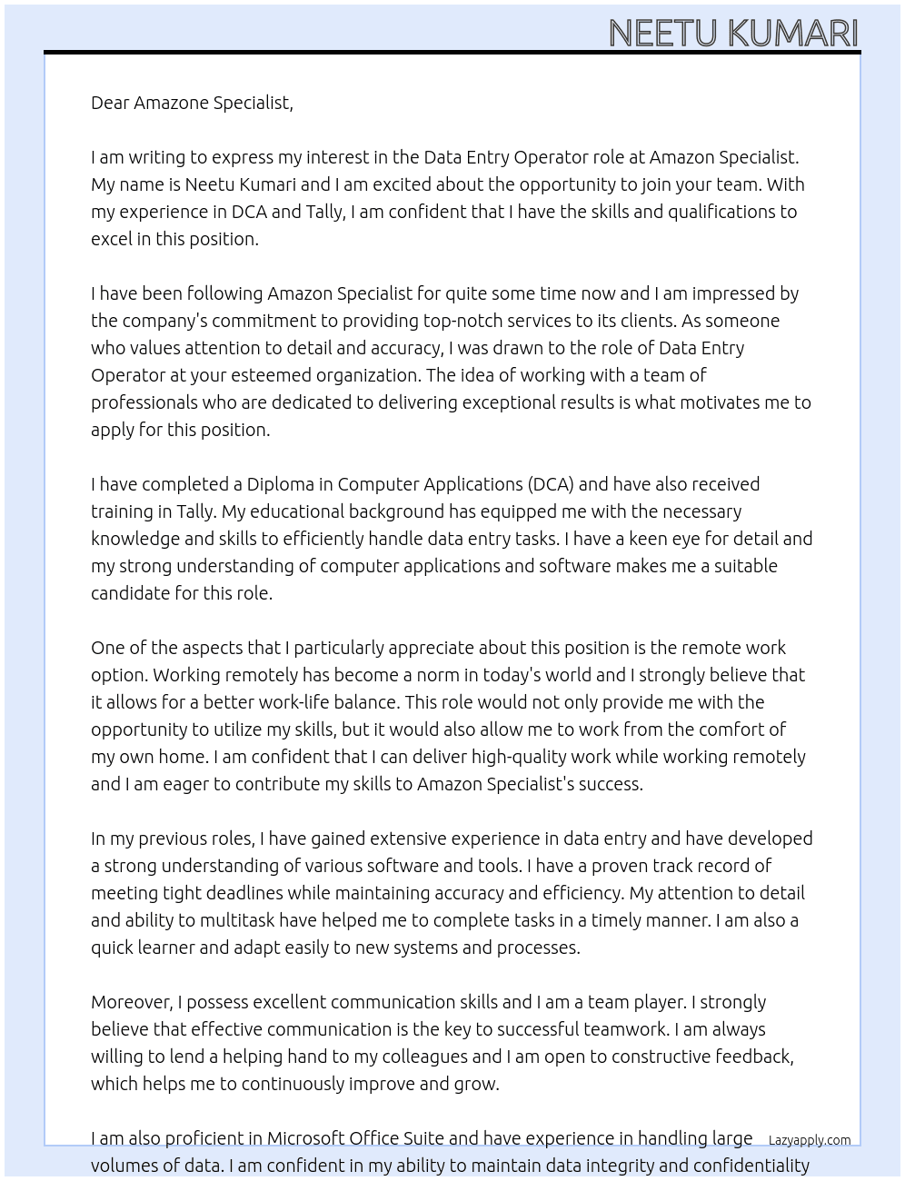 Data Entry Operator At Amazon Specialist Cover Letter