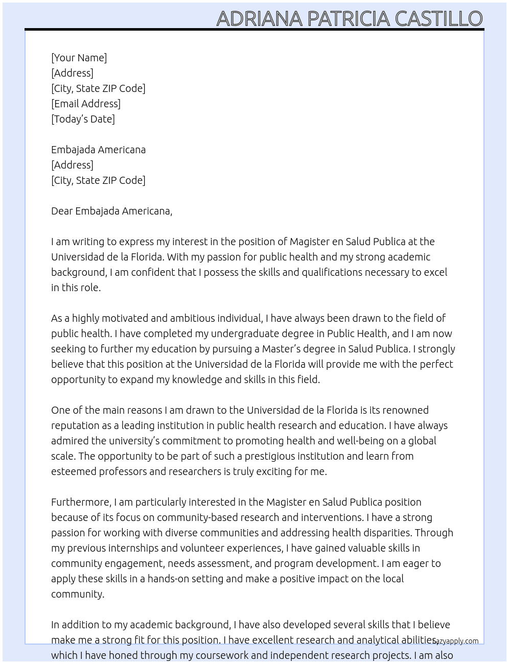 Magister en Salud Publica At Universidad de la Florida Cover Letter