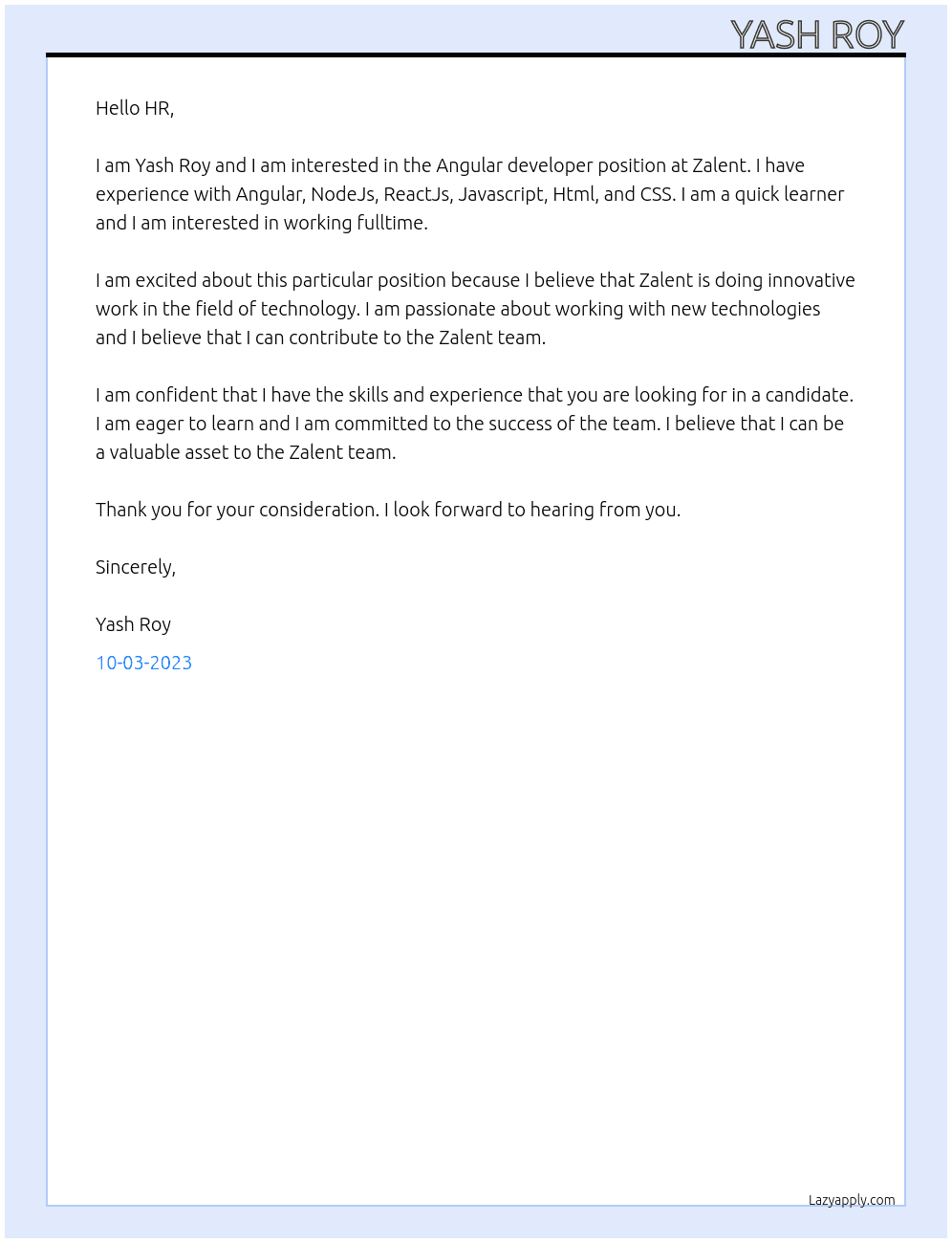 Angular developer At Zalent Cover Letter