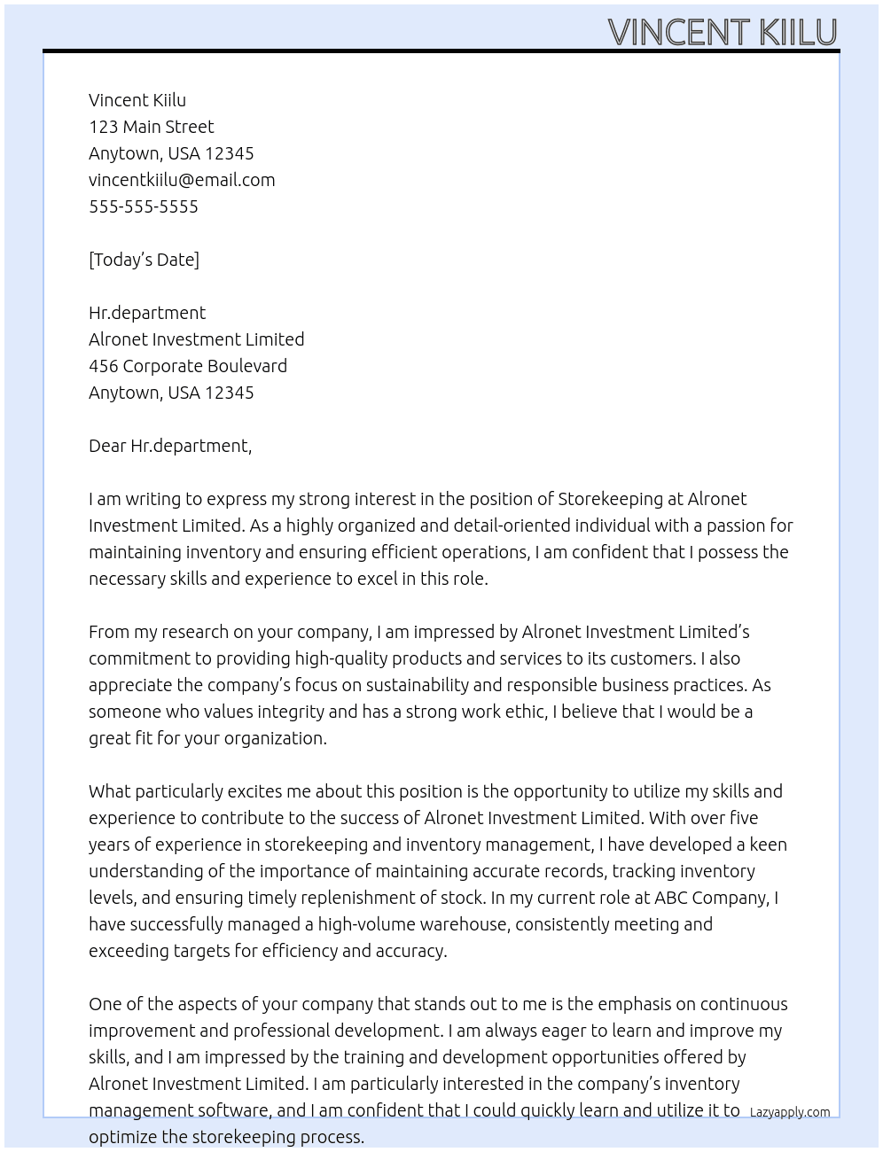 storekeeping At Alronet investment limited Cover Letter
