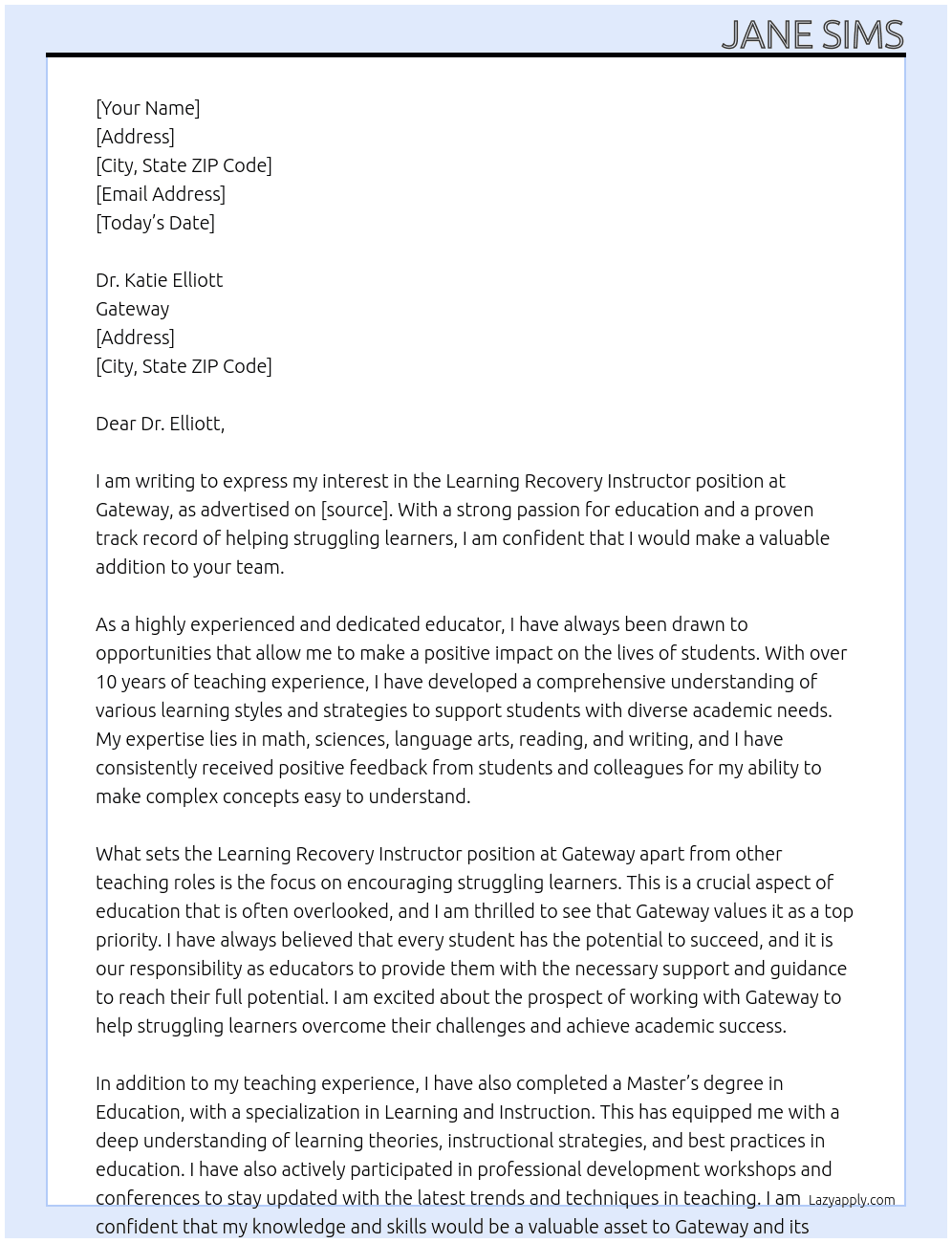Learning Recovery Instructor At Gateway Cover Letter