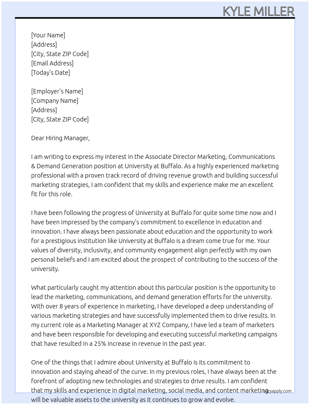 Associate Director Marketing, Communications & Demand Generation At University at Buffalo Cover Letter