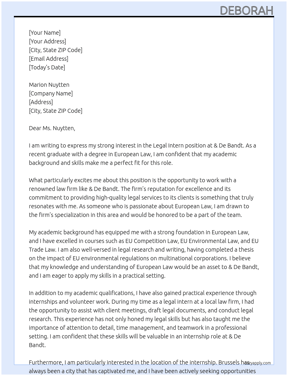 legal intern At & De Bandt Cover Letter