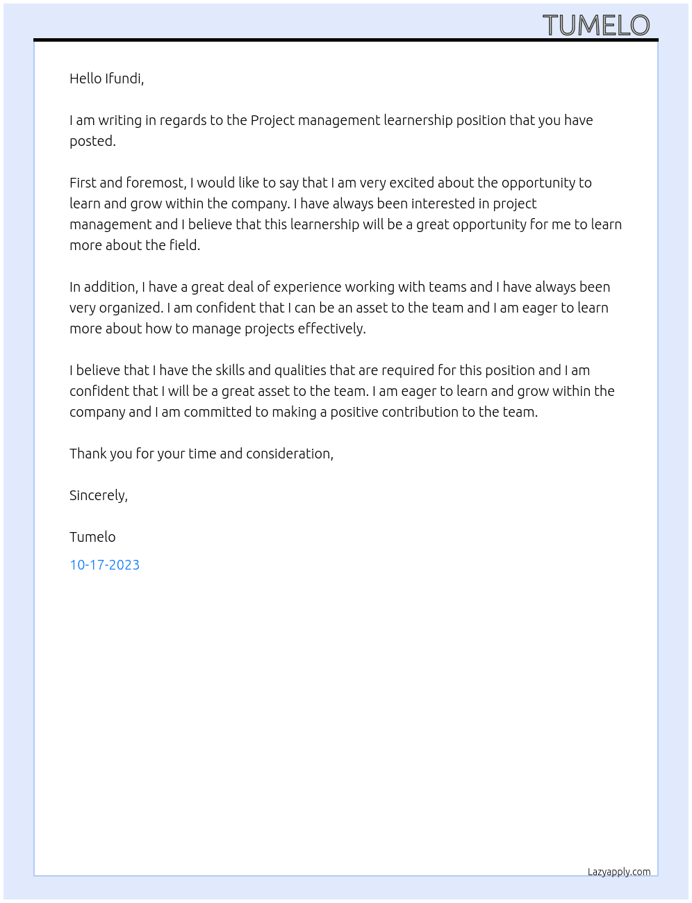 Project management learnership  At SuperSports Cover Letter