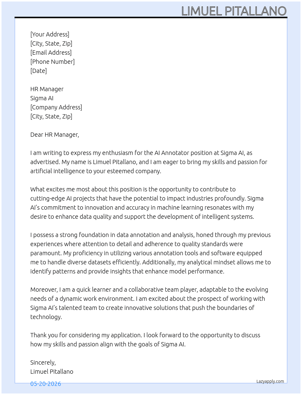 AI anotator At Sigma AI Cover Letter