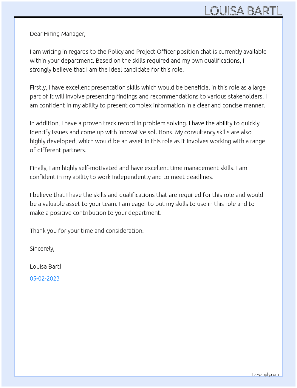 Policy and Project Officer At department Cover Letter