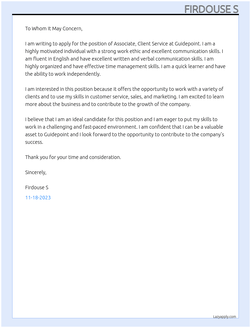 ASSOCIATE, CLIENT SERVICE At Guidepoint Cover Letter