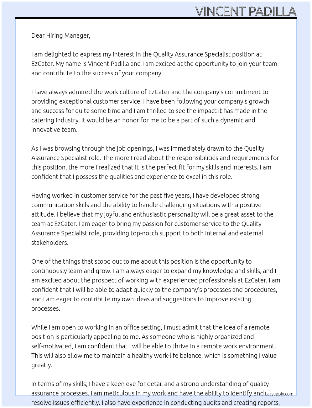 Quality Assurance Specialist At EzCater Cover Letter