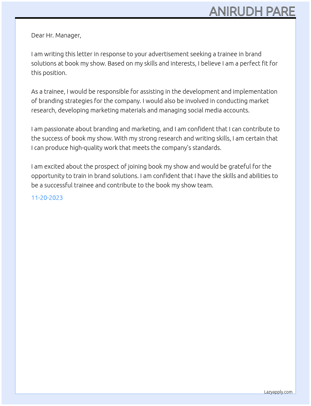 trainee - brand solutions At book my show Cover Letter