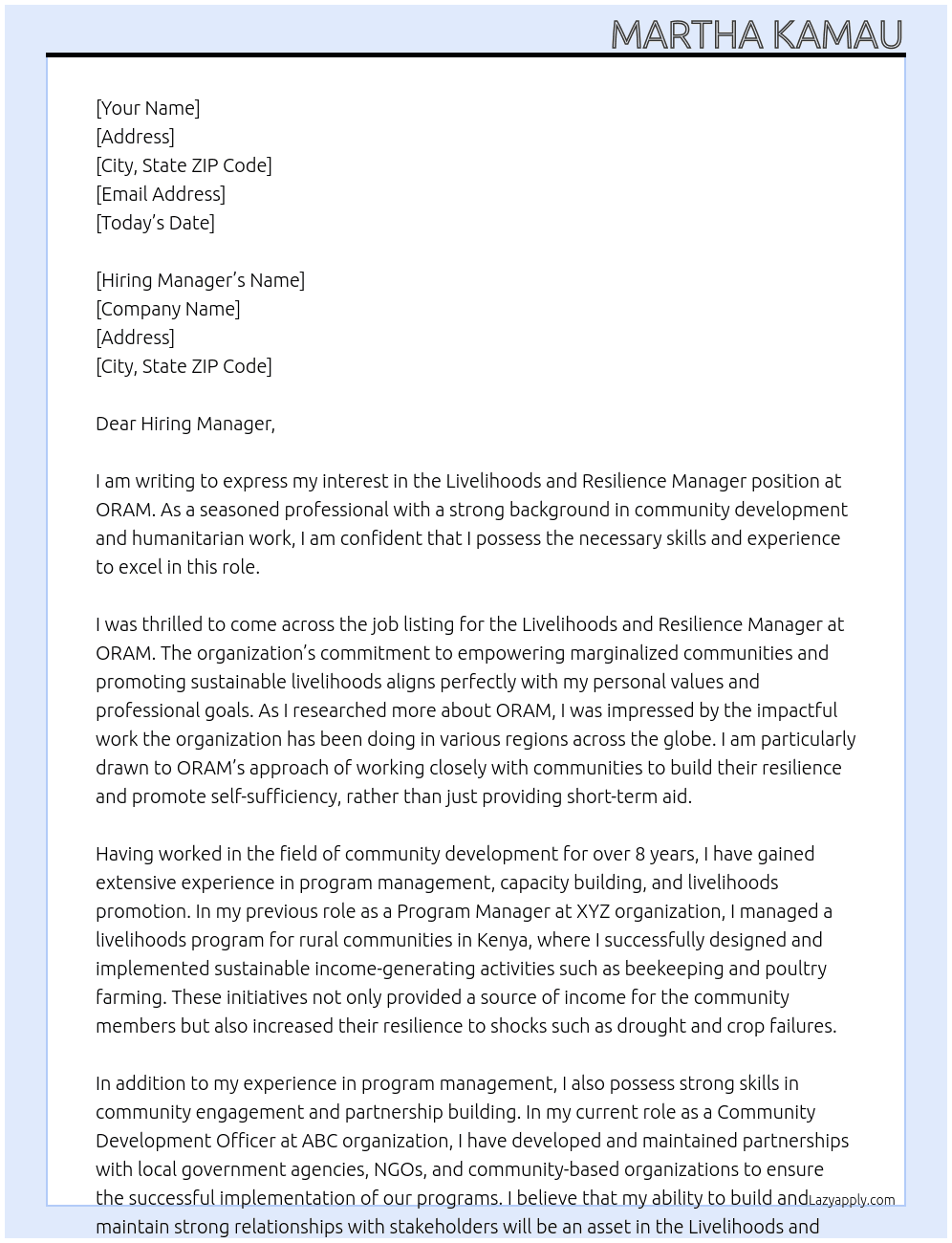 Livelihoods and Resilience Manager At ORAM Cover Letter