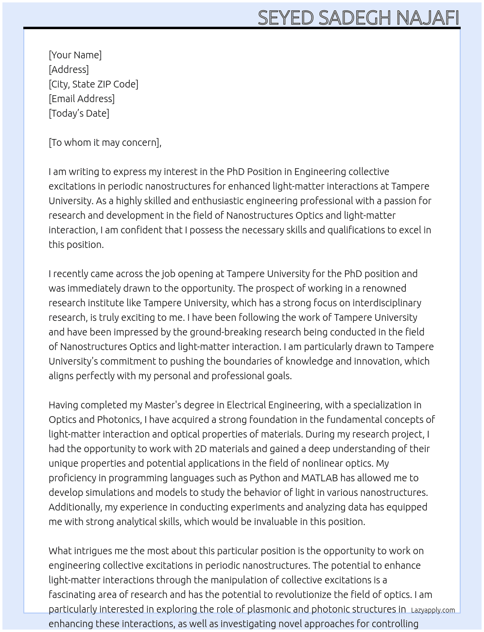 PhD Position: Engineering collective excitations in periodic nanostructres for enhanced light-matter interactions At Tampere University Cover Letter