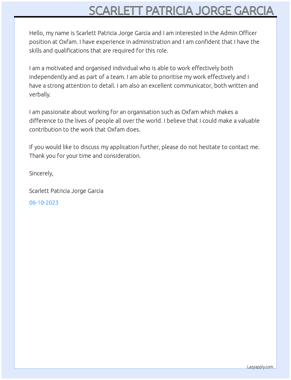 Admin Officer At Scar jorge Cover Letter