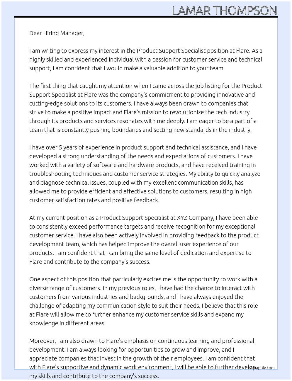 Product Support Specialist At Flare Cover Letter