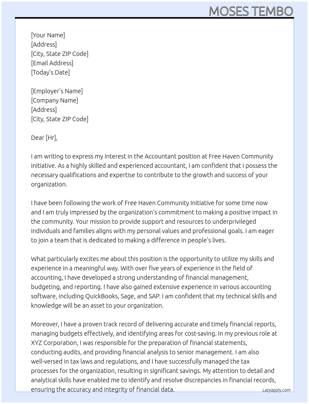 Accountant  At Free haven community initiative  Cover Letter
