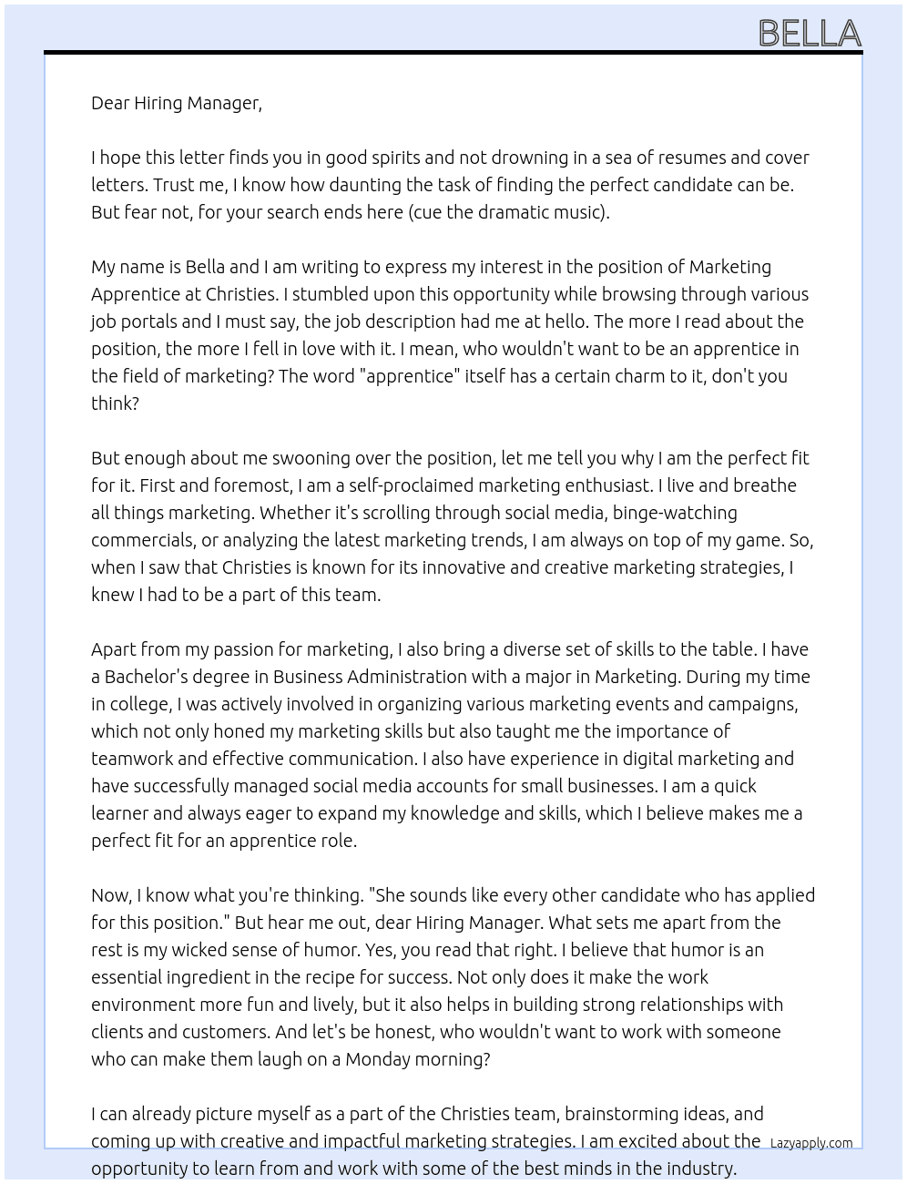 Marketing apprentice  At Christies Cover Letter