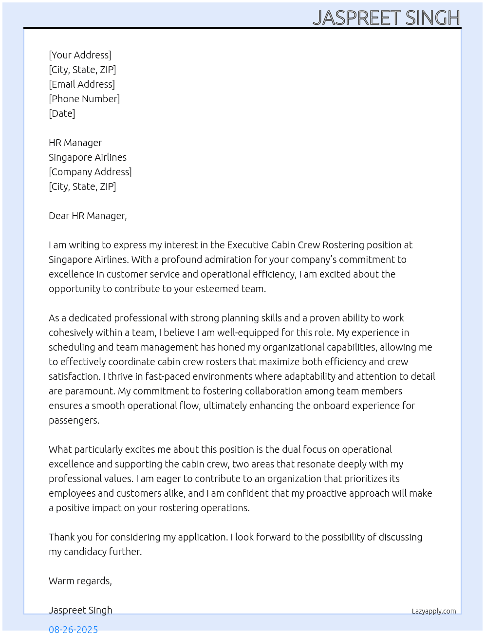 Cover letter for executive cabin crew rostering - LazyApply