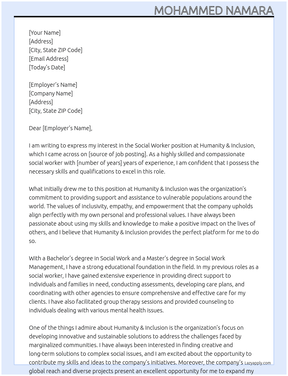 Social Worker At Humanity & Inclusion Cover Letter