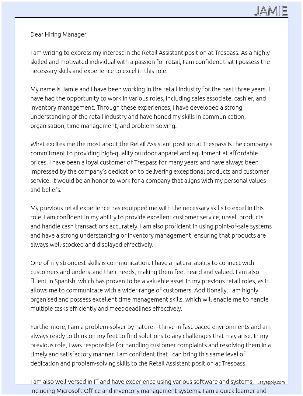 Retail Assistant At Trespass Cover Letter