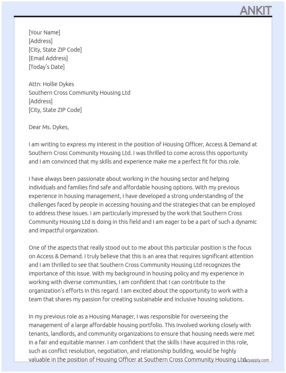Housing Officer, Access & Demand At Southern Cross Community Housing Ltd Cover Letter