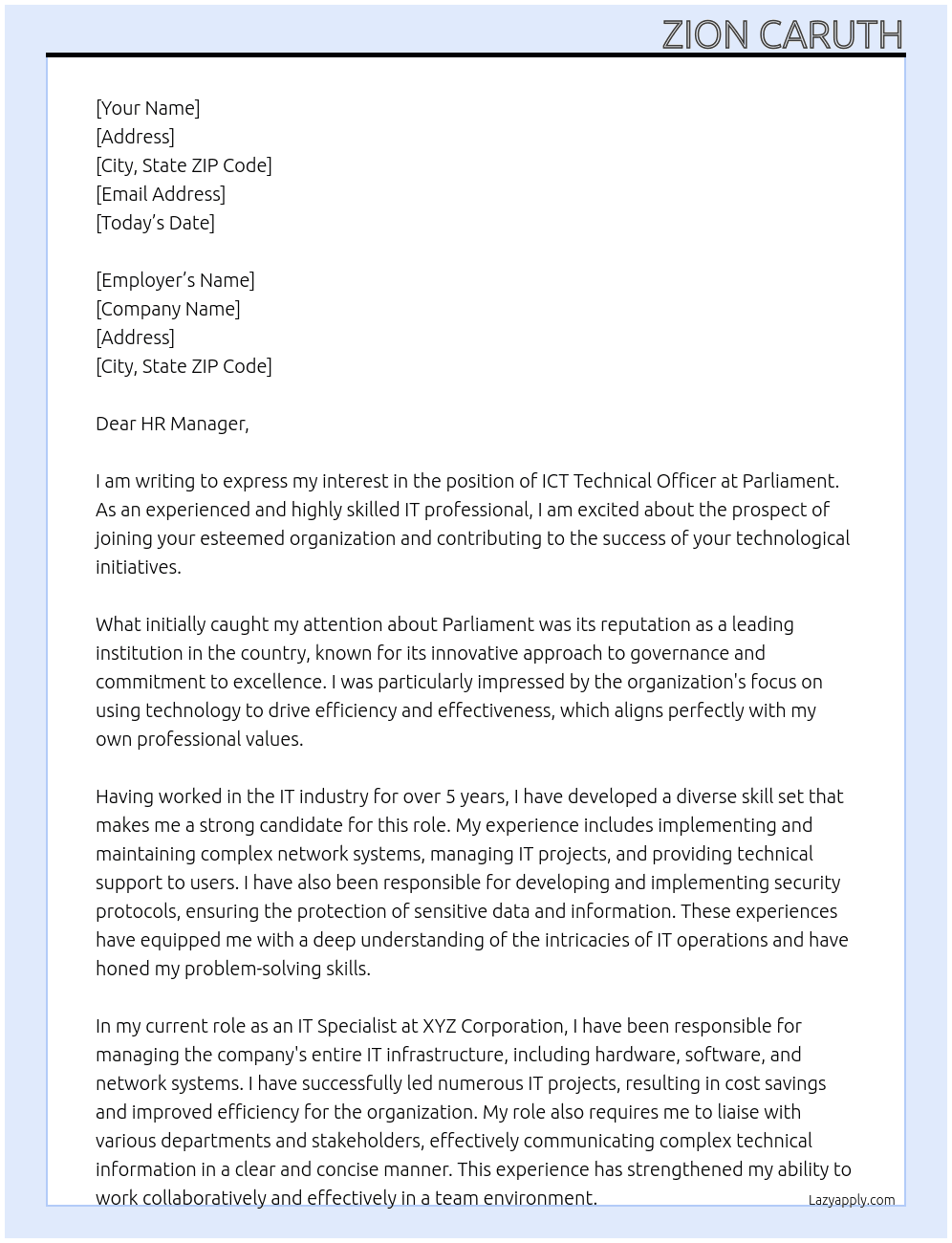 ICT Techical Officer At Parliament Cover Letter