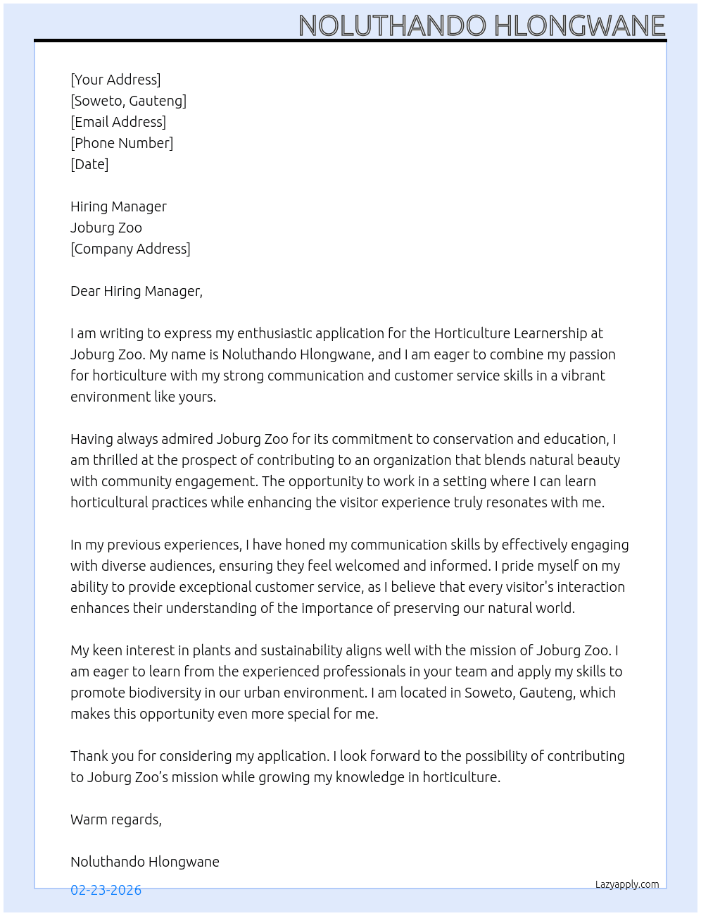 Horticulture Learnership At Joburg Zoo Cover Letter