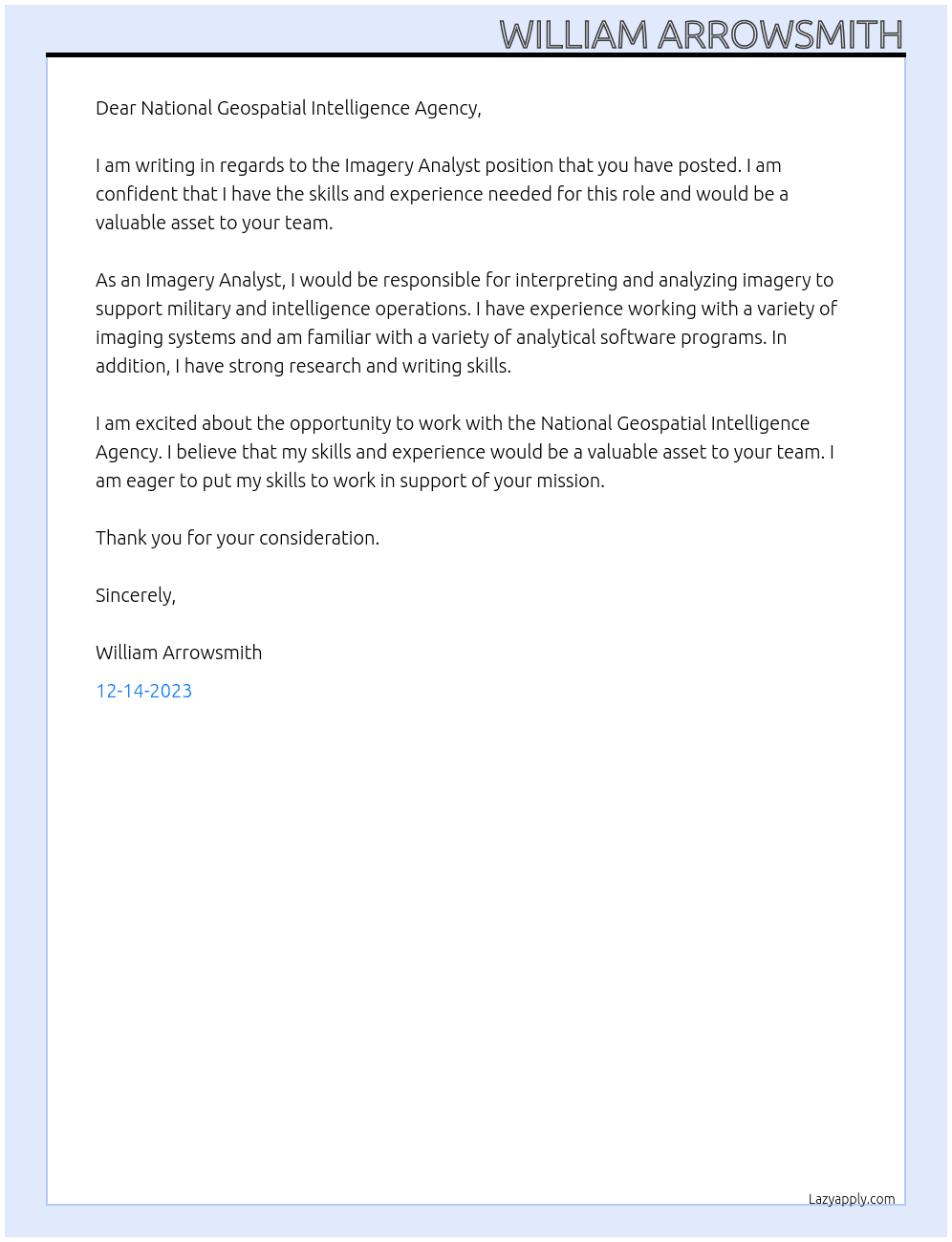 Imagery Analyst At National Geospatial Intelligence Agency Cover Letter