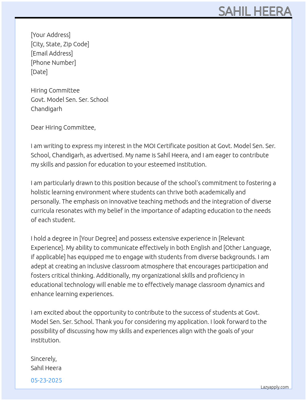 MOI certificate At Govt. Model Sen. Ser. School Chandigarh Cover Letter