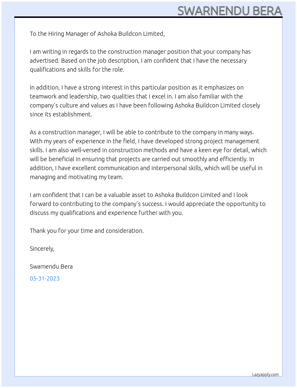 CONSTRUCTION MANAGER  At ASHOKA BUILDCON LIMITED Cover Letter