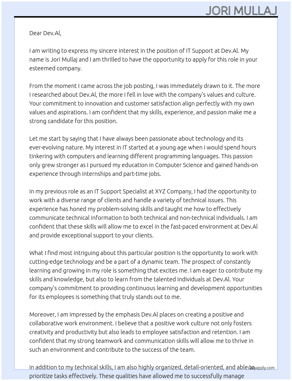 IT Support At Dev.Al Cover Letter