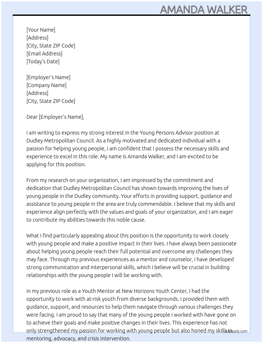 Young persons advisor  At Dudley metropolitan council Cover Letter