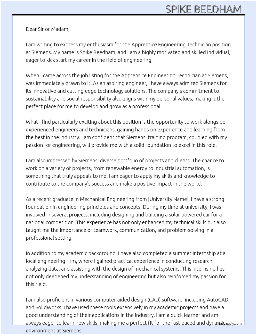 Cover letter for apprentice engineering technician - LazyApply