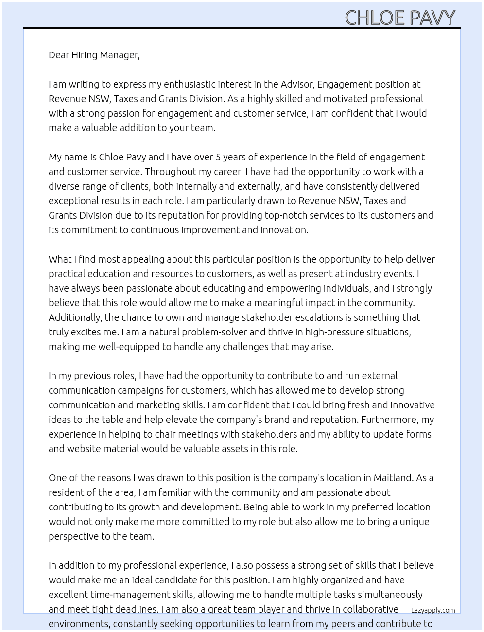 Advisor, Engagement At Revenue NSW, Taxes and Grants Division Cover Letter