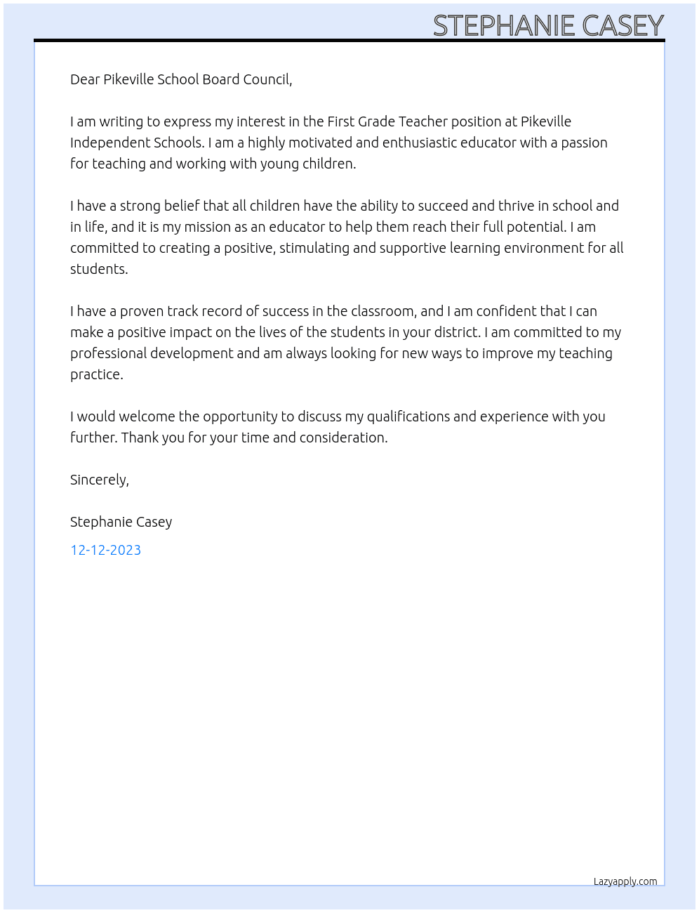 First Grade Teacher At Pikeville Independent Schools Cover Letter