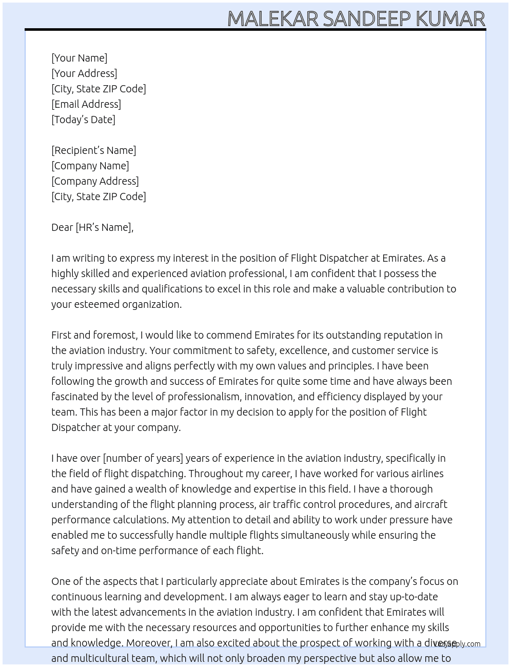 Flight Dispatcher  At Emirates  Cover Letter