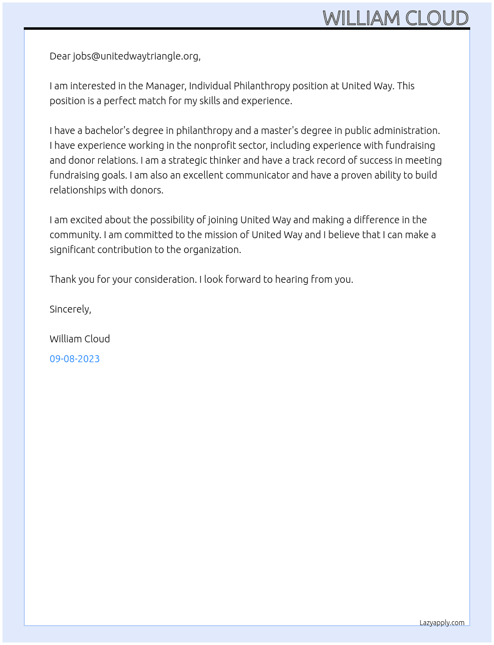 Manager, Individual Philanthropy At United Way Cover Letter