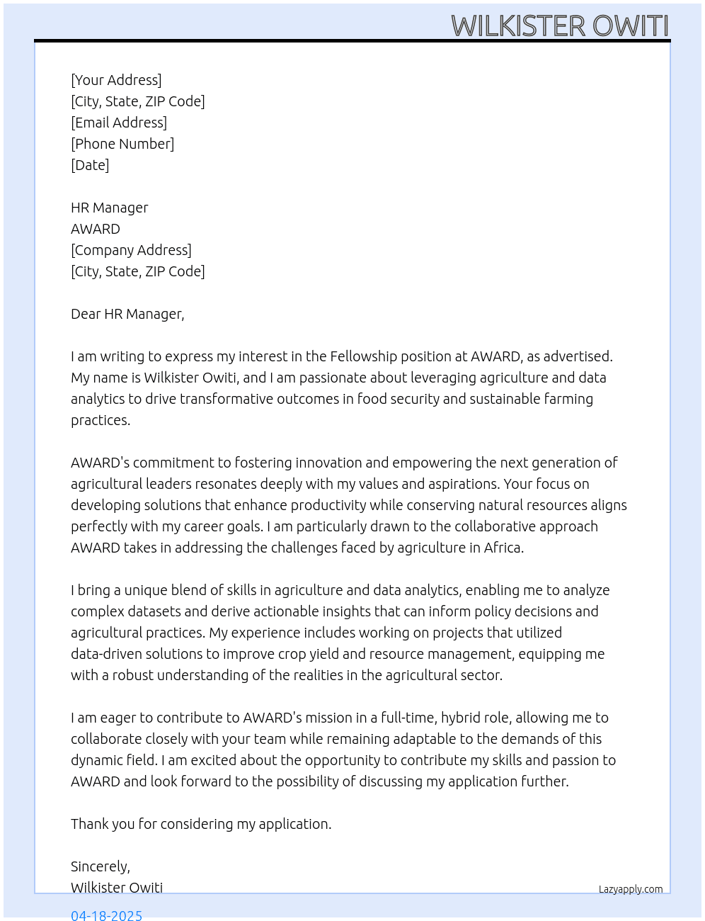 Fellowship At AWARD Cover Letter