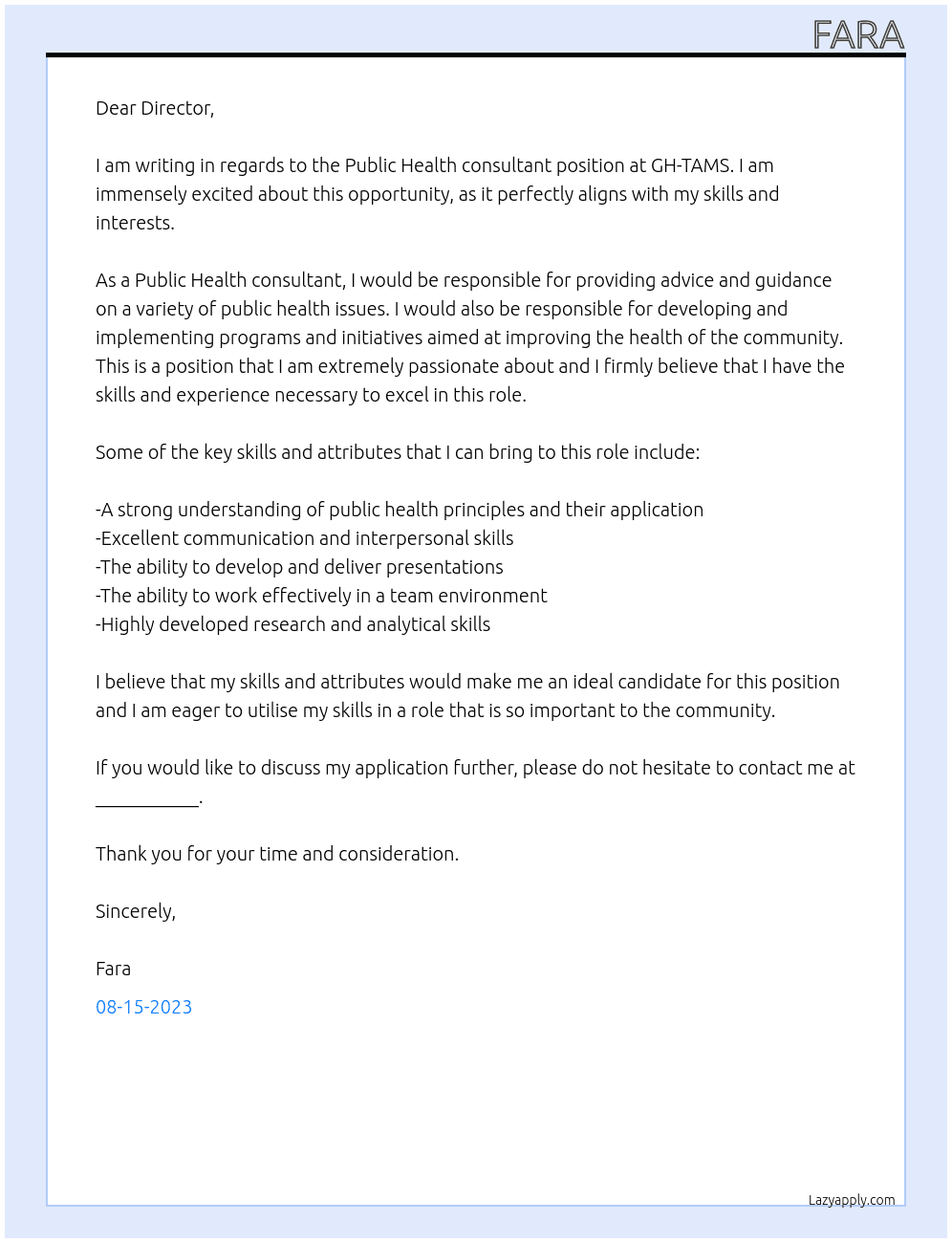 Public Health consultant At GH-TAMS Cover Letter