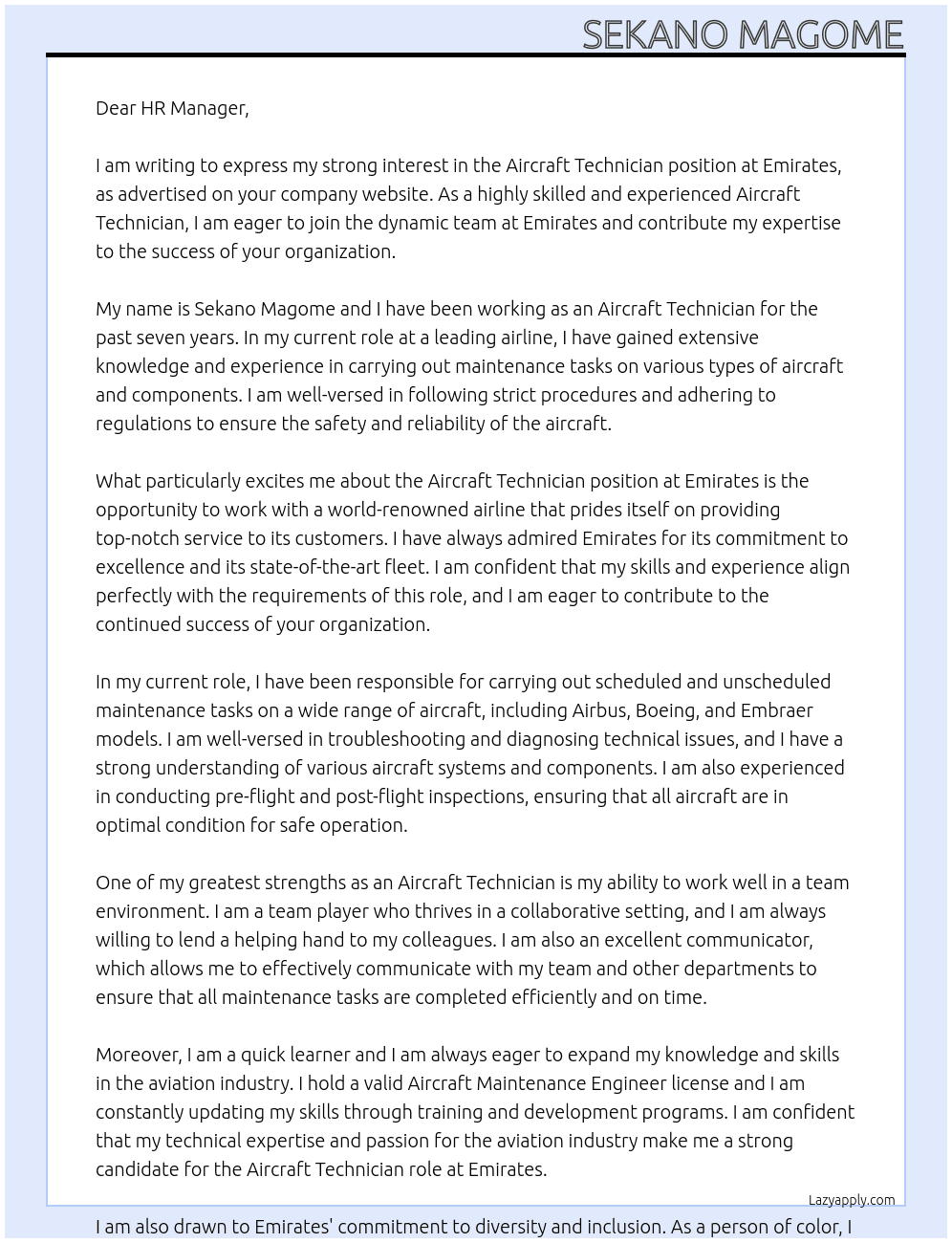 AIRCRAFT TECHNICIAN  At EMIRATES Cover Letter
