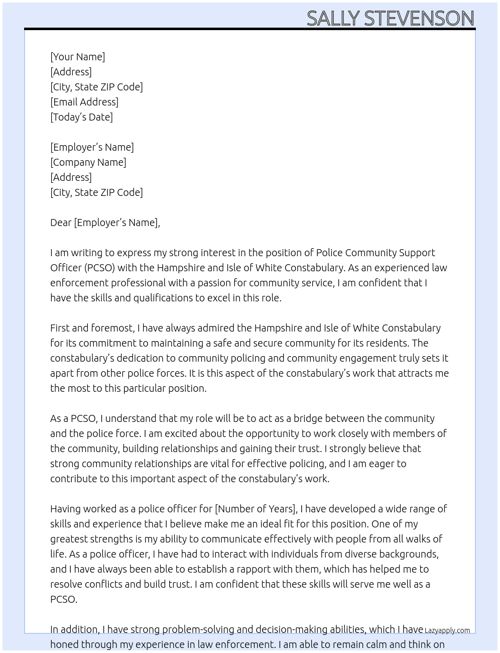 PCSO At Police force Cover Letter