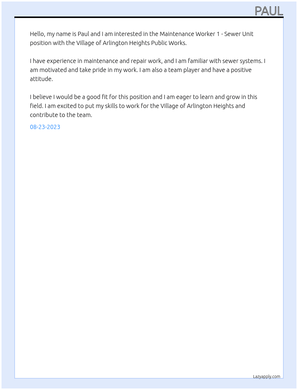 Maintenance Worker 1 - Sewer Unit At Village of Arlington Heights Public Works Cover Letter