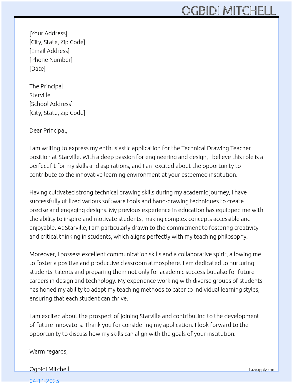 Technical drawing teacher  At Starville  Cover Letter