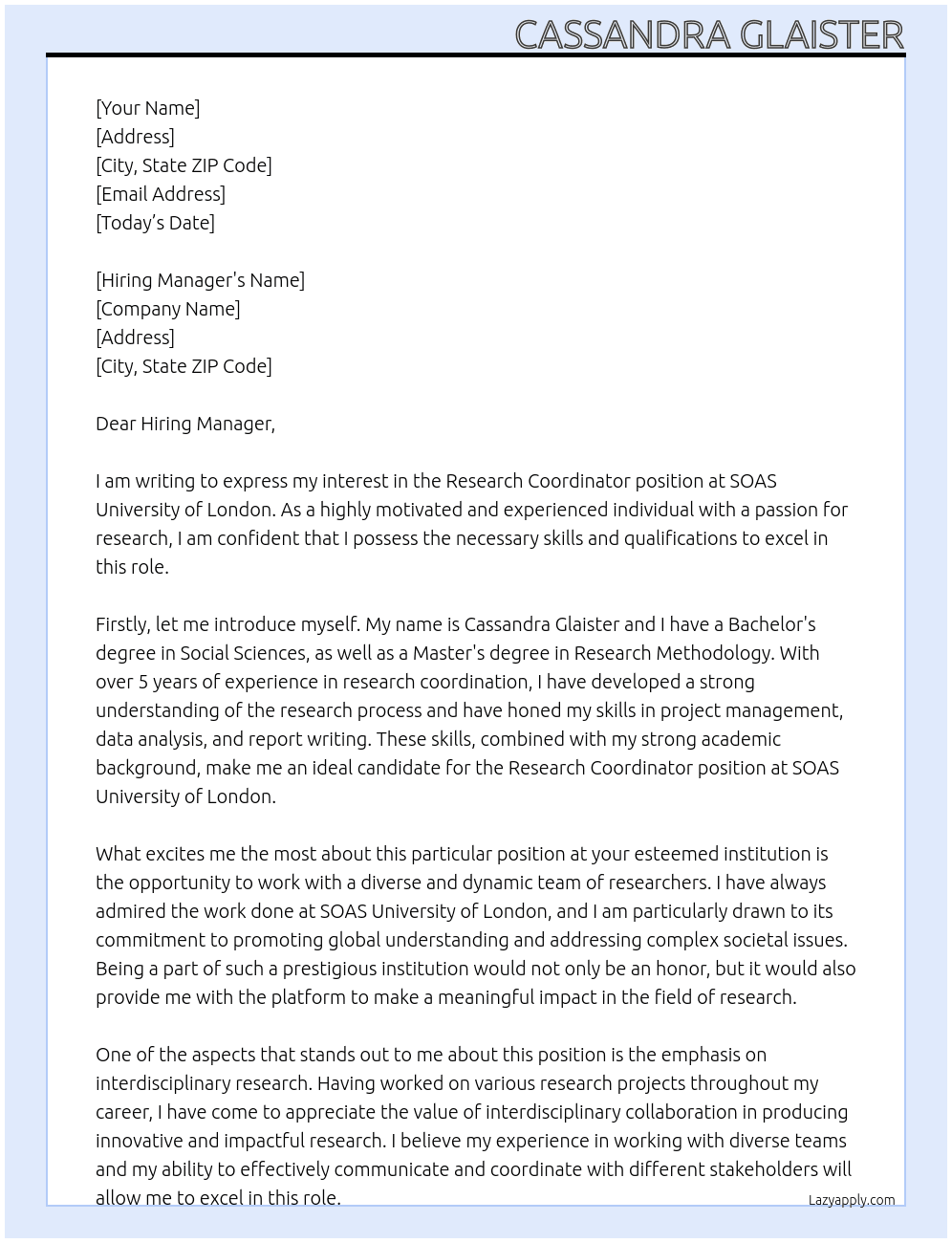 research coordinator At SOAS University of London  Cover Letter