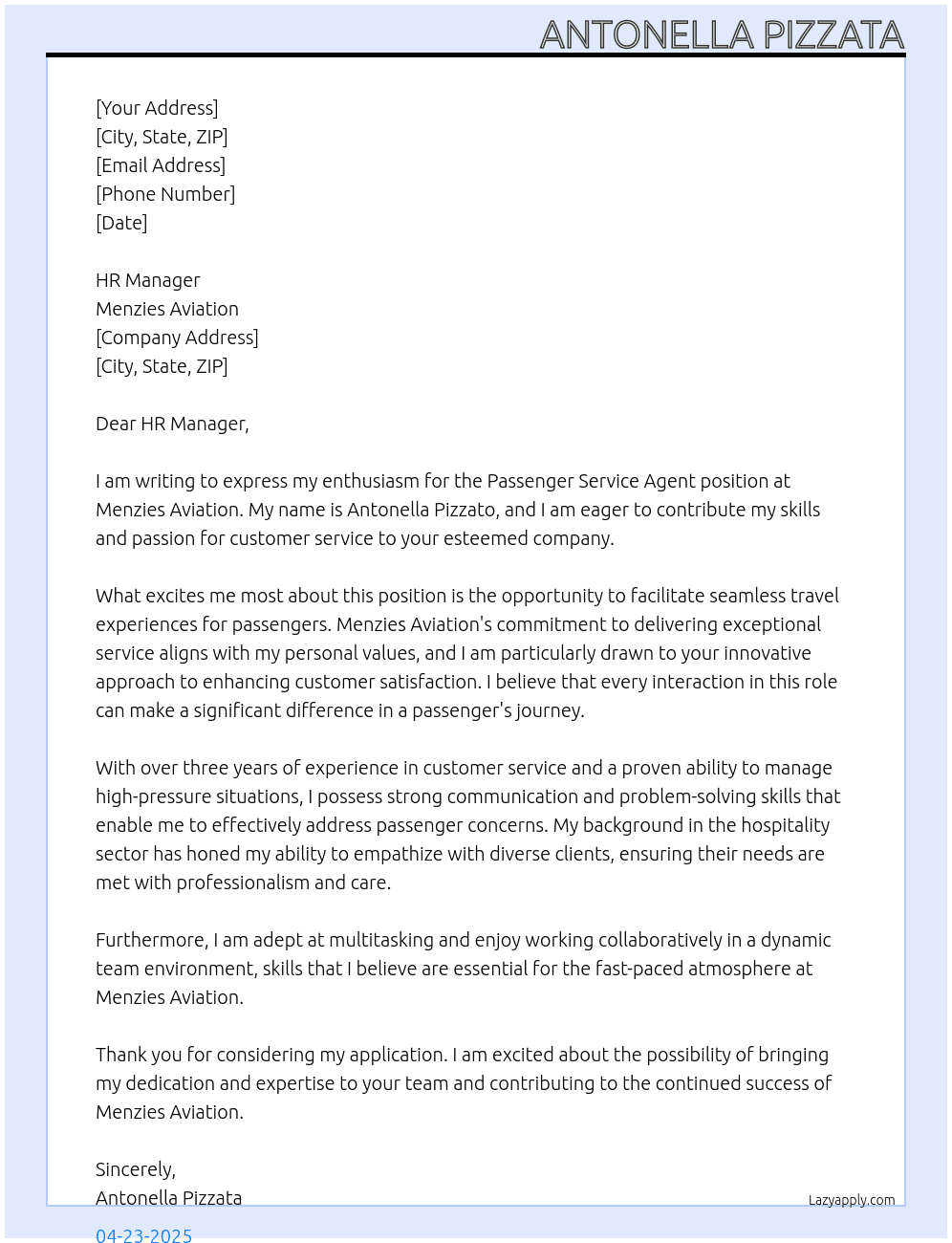 Cover letter for passenger service agent - LazyApply