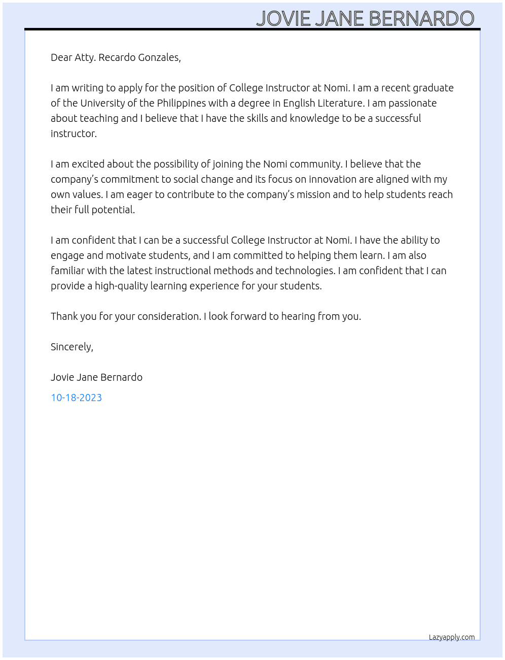 College Instructor  At Nomi  Cover Letter