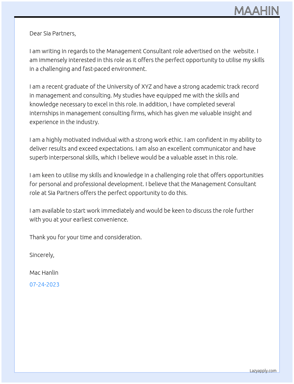 Management Consultant At Sia Partners Cover Letter
