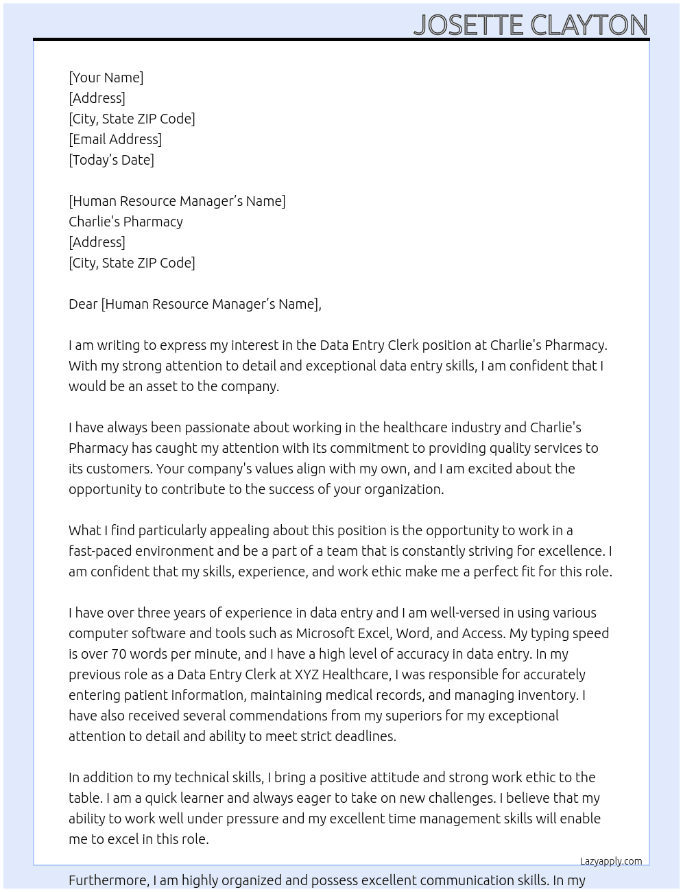 Data Entry Clrerk At Charlie's Pharmacy Cover Letter