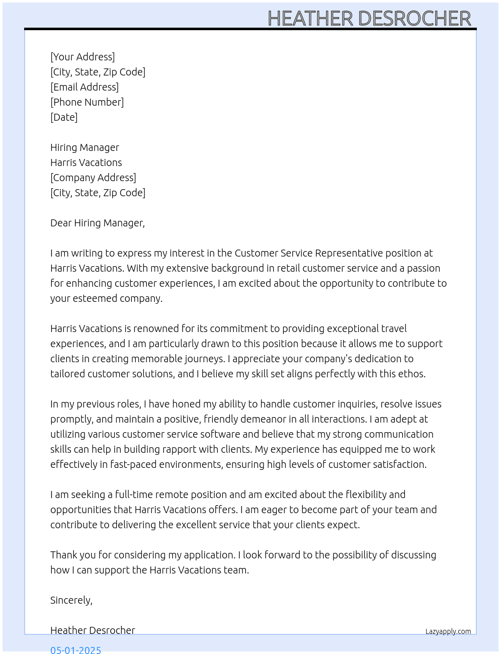 Customer service representative  At Harris vacations  Cover Letter