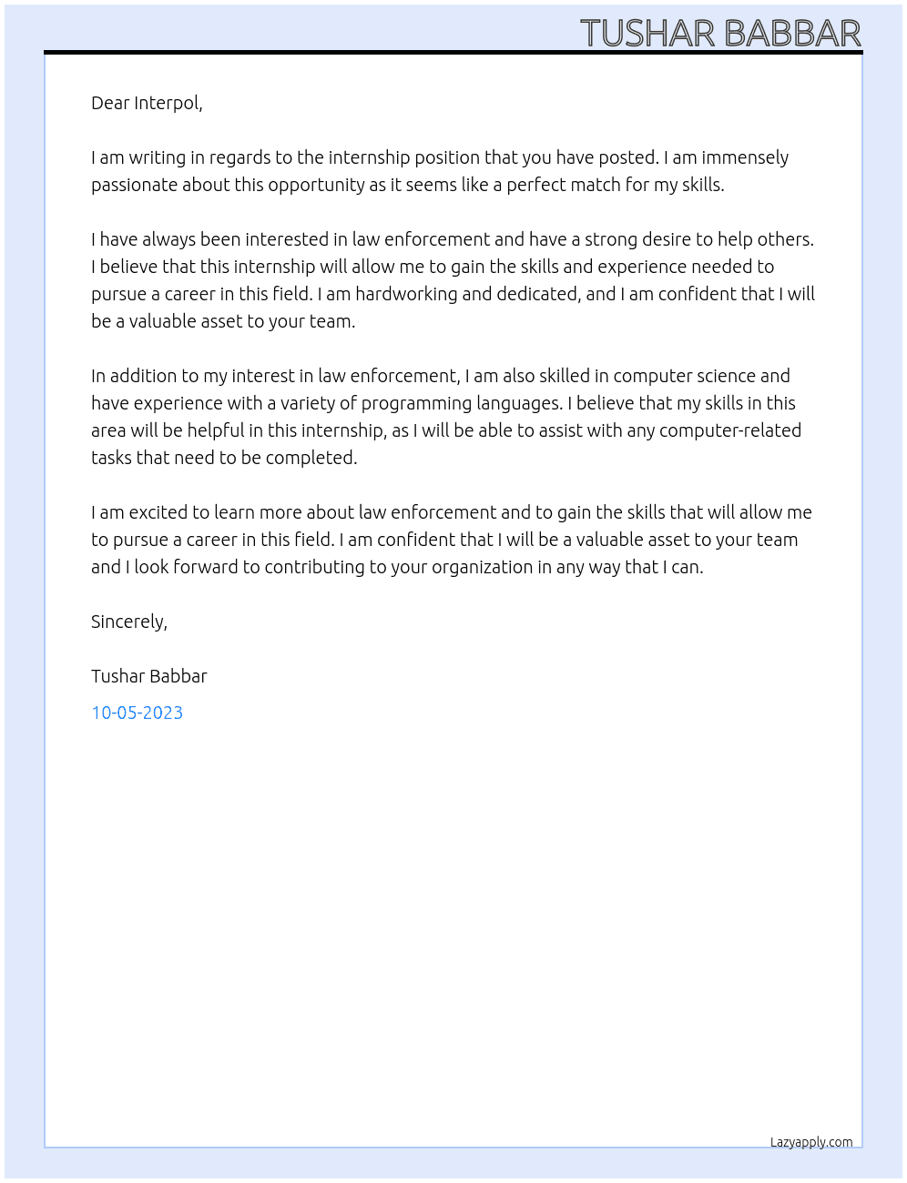 Internship At Interpol Cover Letter