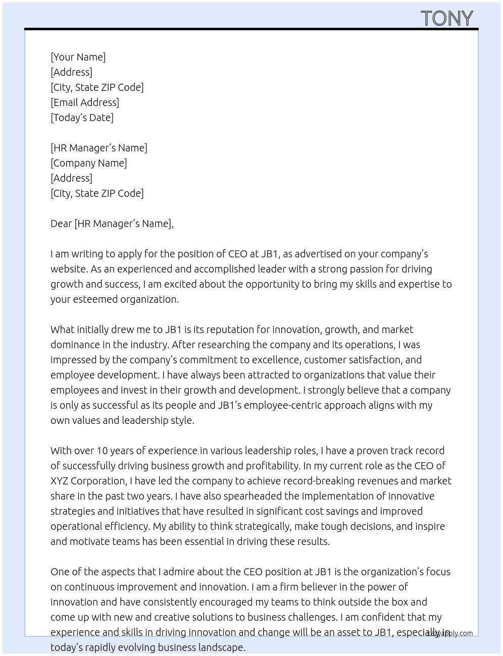 CEO At JB1 Cover Letter